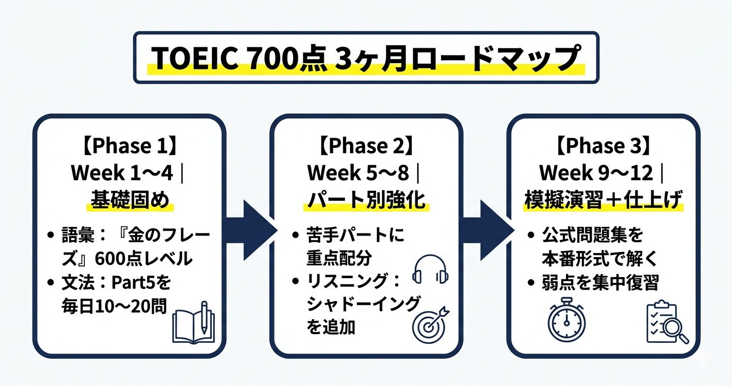 TOEIC 700点を目指す3ヶ月ロードマップの図解