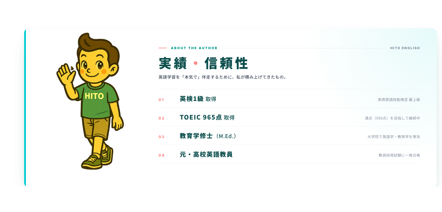 HITO ENGLISH 実績・信頼性バナー｜英検1級・TOEIC965点・教育学修士・元高校英語教員
