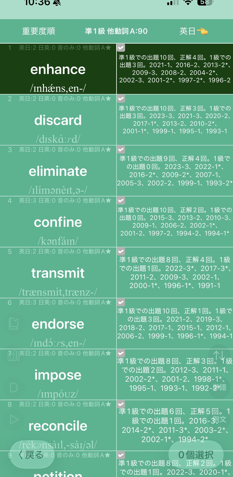 でた単 英検準1級 重要度順表示画面|他動詞Aの単語ごとに準1級での出題回数・正解回数・1級での出題回数が一覧表示されている