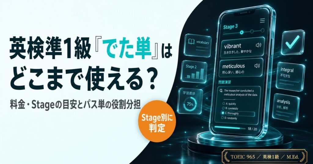 英検準1級「でた単」はどこまで使える？料金・Stageの目安とパス単の役割分担を解説した記事のアイキャッチ画像